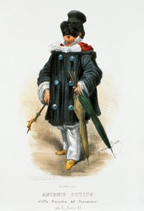 Antonio Petito (1822-1876) színész színpadi jelmezben a Trubadúr című paródiában, Gaetano Dura (1805-1874) litográfiája