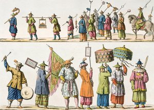 A kínai császár körmenetének fő kísérői, illusztráció Giulio Ferrario „Le Costume Ancien et Moderne” című művéből, az 1820-as és 30-as évek körül megjelent