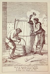 Coopers munka közben, Gaetano Gherardo Zompini (1700-1778) metszete a Velencei város mindennapi életének művészetéből, Olaszországból alkotó: Gaetano Zompini
