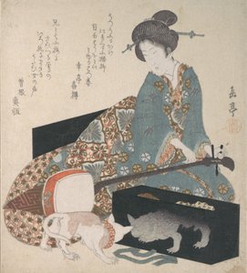 Shamisent hangoló nő és egy macska, aki a saját tükörképét nézi, 1820-as évek közepe.