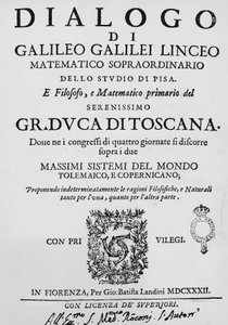 Galileo Galilei (1564-1642) a két fő világrendszerről, a Ptolemaiosziról és a Kopernikuszról szóló Dialógus címlapja, Gian Battista Landini 1632-ben Firenzében adott ki.