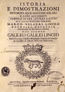 A Történelem és bemutatók címlapja a napfoltokról és tulajdonságaikról alkotó: Galileo Galilei