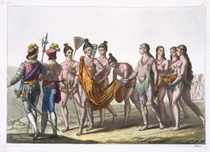 Az indián özvegyek felkeresik a főnöküket, hogy újraházasodhassanak, Jules Ferrario „Le Costume Ancien et Moderne” 57. lemeze, az 1820-as és 30-as évek körül megjelent. alkotó: Gallo Gallina