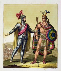 Hernando Cortes (1485-1547) és II. Montezuma (1466-1520) találkozása, Jules Ferrario „Le Costume Ancien et Moderne” I. kötetének 63. táblájából, az 1820-as és 30-as évek körül megjelent (színes metszet)