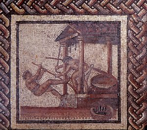 Gallo római művészet: rusztikus naptárt ábrázoló mozaikburkolat. Egy olajprés. 2. vége, 3. század eleje JC után. Saint-Romain-en-Galból (Rhone). Saint Germain en Laye, Nemzeti Régészeti Múzeum alkotó: Gallo Roman
