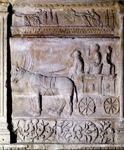 Alacsony dombormű a gall-római korból, lovakkal lőtt, utasokat szállító szekeret ábrázol. Avignon, Musee Calvet alkotó: Gallo-Roman Gallo-Roman