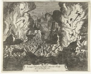 Lowestofti csata, 1665 Tengerészeti csata az angolok és a hollandok között 1665. június 13-án (cím a tárgyon) alkotó: Gaspar Bouttats (attributed to)