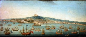 A nápolyi öböl látképe Byng admirális flottájával a horgonyon