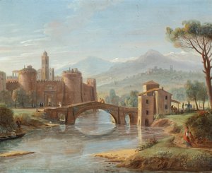 Folyami tájkép egy erődített városba vezető híddal (olaj, réz) alkotó: Gaspar van (1653-1736) Wittel