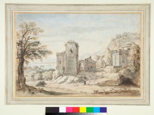 Táj romokkal és templommal (toll, barna tinta és színes mosófolyadékok) alkotó: Gaspar van Wittel