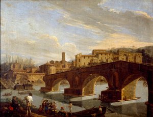 Kilátás a Tiberisre a római áttörési híd szintjén Gaspare Vanvitelli festménye (Gaspar van Wittel, Caspar Van Vitelli) (1653-1736) Mérete 39,5x51 cm Milánó, Galleria d