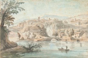 Tájkép a Tivoliban, 1701-10 (toll, barna tinta és színes mosás papíron) alkotó: Gaspar van Wittel