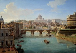 Kilátás a római Szent Péter-bazilikára, „” Kilátás a római Szent Angelo-kastélyra” A város panorámája, a Tiberis és a Castel Sant”Angelo, Hadrianus császár mauzóleuma” című festmény részlete Gaspare Vanvitelli