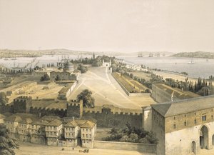 Konstantinápolyi panoráma, 22. tábla az "Aya Sofia, Konstantinápoly" című képből, metszette Louis Haghe (1806-85) 1852.