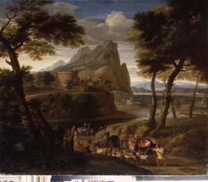 ""Táj utazók csoportjával"" (Táj karavánnal) Gaspard Dughet (1615-1675) festménye 17. századi Állami Szabadtéri Múzeum, Gatchina palota, Szentpétervár alkotó: Gaspard Poussin Dughet