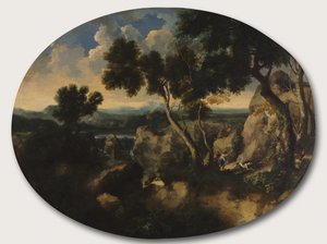 Sziklás táj vadászokkal, 1635 körül alkotó: Gaspard Poussin Dughet