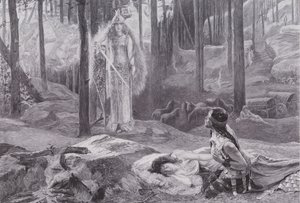 A kinyilatkoztatás (Brunnhilde felfedezi Sieglindét és Siegmundot) (litho) alkotó: Gaston Bussiere