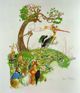 A nyúl és a teknős, Jean de La Fontaine (1621-95) meséiből (színes metszet)