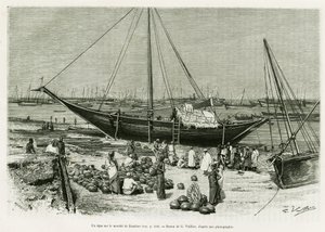A zanzibári piacon (Tanzánia). G. Vuillier metszet, az 1882-ben és 1883-ban készült Utazás a Benadirok, Szomáliai és Bayounok között című történet illusztrálására, G. Revoil, in le tour du monde 1888, rendező: Edouard Charton (1807-1890), Hachette, Párizs. alkotó: Gaston Vuillier