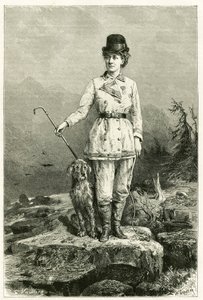 Madame Marie De Ujfalvy-Bourdon portréja utazóruhában, kutyájával, Ujfalvy Charles Eugene (1842-1904) etnológus nyelvész és felfedező felesége, minden expedíciójára elkísérte. Metszet G.Vuillier, természet után, hogy illusztrálja a