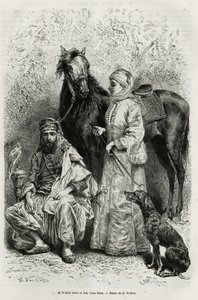 Wilfrid Blunt (1840-1922), költő és író, valamint feleségének, Lady Anna Bluntnak (szül. King Noel (King Noel) 1837-1917) portréi, az első európai nő, aki utazási öltönyben fedezte fel a Közel-Keletet , az egyik arab ló előtt az istállójukban alkotó: Gaston Vuillier
