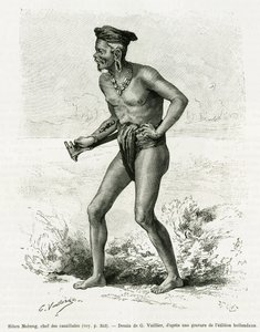 Sibou Mobang, a kannibálok vezetője. G. Vuillier metszete a De Koutei a Bandjirmasin, utazás Borneón keresztül című történetének illusztrálására, Carl Bock, in le tour du monde 1890, rendező: Edouard Charton (1807-1890), Hachette, Párizs. alkotó: Gaston Vuillier
