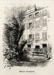 A Bonaparte ház homlokzata, amelyben Bonaparte Napóleon (1769-1821) nincs. Gaston Vuillier (1845-1915) „La Corse” metszete és története 1890-ben a Le tour du monde-ban, a Nouveau Journal des voyages-ben, Edouard Charton (1807-189) irányításával. alkotó: Gaston Vuillier