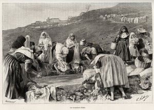 Az osilói levendula (Olaszország), a nők összegyűltek a medence körül. Gaston Vuillier (1845-1915) „” La Sardaigne” című metszete és története 1890-ben a Le tour du monde-ban, az új voyages folyóiratban, Edouard Charton (1807-1890) irányításával, 2. félév alkotó: Gaston Vuillier