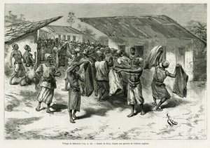 Bakourou falut, az őslakosokat ajándékozzák meg a béketárgyalásokon. G. Vuillier metszet a Dans les tenebres de l