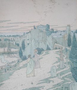 Odüsszeusz találkozik Minerva istennővel, aki egy korsós lánynak álcázza magát, illusztráció az Odüsszeia 6. könyvéből, Lecomte de l