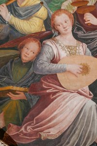 Részlet a Boldogságos Szűz mennybemeneteléről, „A zenélő angyalok kórusa”, kereszthajó kupolája, 1534-ből (freskó)