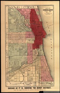 Chicago úgy, ahogy van, bemutatva a leégett körzetet, Edgar Johnson Goodspeed nagy tüzeinek történetéből Chicagóban és Nyugaton, kiadta Chicago, 1871 (kézzel színezett litho) alkotó: Gaylord Watson