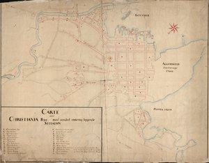 Norvég Bokmål: Térkép a Nemzeti Könyvtár térképgyűjteményéből. A térképet Håndtegnetben (1649) adták ki, és Christianiát ábrázolja alkotó: Geelkerck