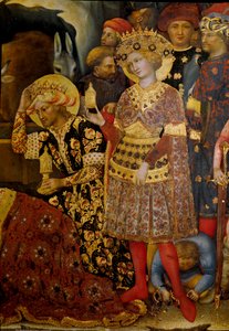 Mágusok imádatának oltárképe (Pala Strozzi) Két királyt ábrázoló részlet. Gentile da Fabriano (Gentile di Niccolo) festménye (1370-1427) 1423 V. 173x220 cm. Tempera fán. Firenze, Galleria degli Uffizi (Uffizi) alkotó: Gentile da Fabriano