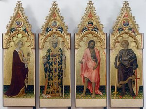 Quaratesi Poliptichon négy szentje, Szent Mária Magdolna, Bari Szent Miklós, Keresztelő Szent János és Szent György alkotó: Gentile da Fabriano