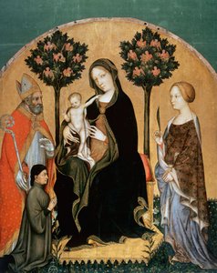 Madonna gyermekkel és Szent Katalinnal, Szent Miklóssal és Donorral (tempera a panelen) alkotó: Gentile da Fabriano