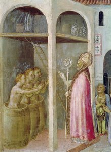 Szent Miklós újraéleszti a sós vízzel teli kádba dobott három gyermeket, részlet a Quaratesi oltárkép egyik predella táblájáról, 1425 (tempera, tábla).