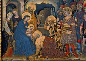 A mágusok imádása, Szűz és Gyermek részlete három királlyal, 1423-as tempera a panelen