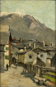 Házak egy út mentén egy hegy közelében (Innsbruck?) alkotó: Geo Poggenbeek