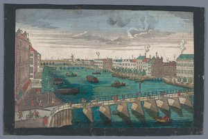 Kilátás a Binnen-Amstelre, a Blauwbrug és a Hogesluis között Amszterdamban Die Amstel von innen nach der blauen Brücke gegen der Wasser Schleuße zu Amsterdam (cím a tárgyon) alkotó: Georg Balthasar Probst