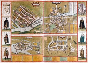 Galway, Dublin, Limerick és Cork, Anglia - Georg Braun "Civitates Orbis Terrarum" című művében, Köln 1617. alkotó: Georg Braun