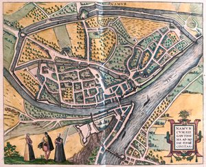 Namur és a Mosa folyó, Belgium - Georg Braun "Civitates Orbis Terrarum" című művében, Köln 1617.