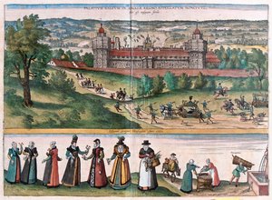 Nonsuch (Surrey-i kastély), Anglia - Georg Braun "Civitates Orbis Terrarum" című művében, Köln 1617. alkotó: Georg Braun