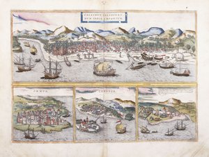 Kilátás az indiai Kalkuttára és a Perzsa-öböl bejáratánál lévő Ormuzra, az indiai Canonorra és a nyugat-afrikai El Mina portugál erődítményére, 1572
