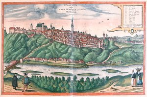 Znojmo (Morvaország), Csehország - Georg Braun "Civitates Orbis Terrarum" című művében, Köln, 1617. alkotó: Georg Braun