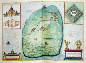 Tycho Brahe (1546-1601) által 1584 körül épített Uraniborg kastélya és csillagvizsgálója a dániai Hven szigetén, az Urbium Praecipuarum Mundi Theatrum Quintum című kötetből, Köln, 1598 (színes).