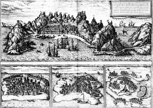Áden, Mombaza, Quiloa és Cefala látképei Georg Braun 1572-ben megjelent Civitates orbis terrarum című művéből