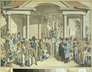 Egészségügyi közösség a Karlsbader-kútnál, 1810 (akvatinta rajz) alkotó: Georg Emanuel Opitz