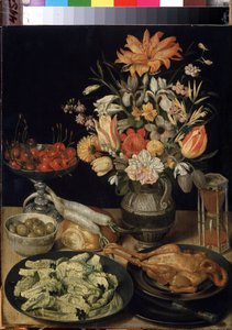 ""Csendélet virágokkal, csirkével, homokórával, olajbogyóval, cseresznyével és káposztával" (Csendélet virágokkal és falatokkal) Georg Flegel (1566-1638) festménye 1630-1635 Méret: 52,5x41 cm Ermitázs Múzeum, Szentpétervár