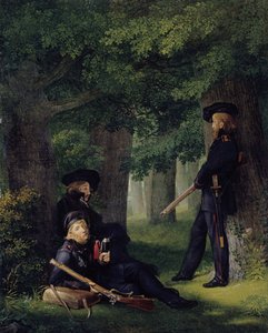 Németül: Theodor Körner, Friedrich Friesen és Heinrich Hartmann az előőrsön Az előőrsi szolgálatban alkotó: Georg Friedrich Kersting